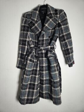 Adele Fado Grey & Blue Tartan Plaid Alpaca & Wool Preppy Tie Waist Peacoat sz 44